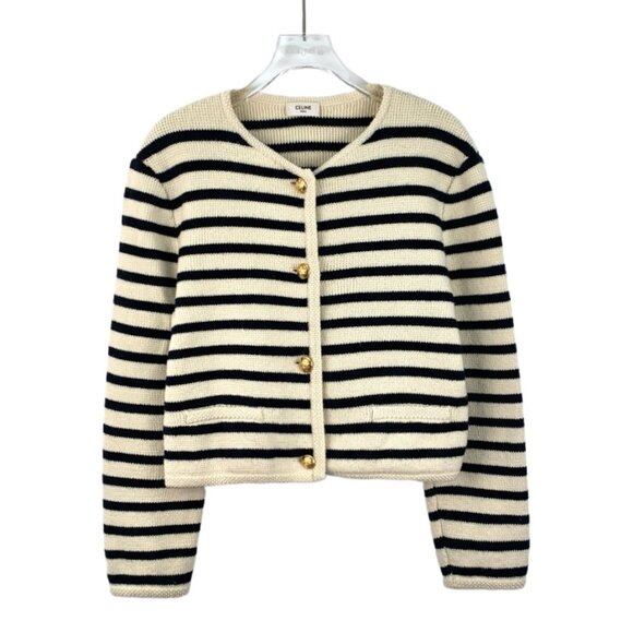 Celine Color-block striped wool button-up knit cardigan - Picture 1 of 8